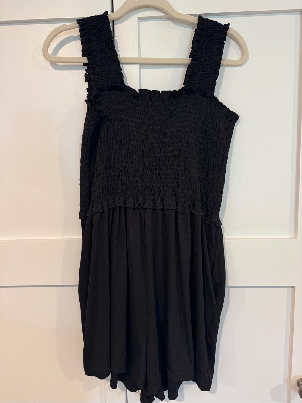 Black Smocked Wide-Strap Romper- pockets too!